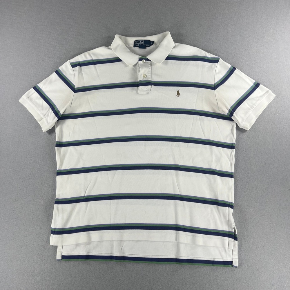 Vintage 90s Polo Ralph Lauren White/Blue/Green Striped Polo Mens Size L Preppy